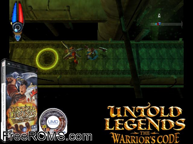 Untold Legends - The Warriors Code PSP game showing 3D box cover and gameplay screenshot