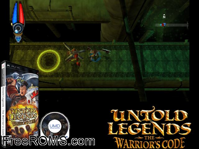 Untold Legends - The Warriors Code Japan PSP game showing 3D box cover and gameplay screenshot