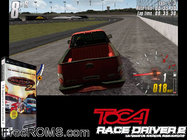 V8 Supercars Australia 2 Australia (M5) PSP game showing 3D box cover and gameplay screenshot
