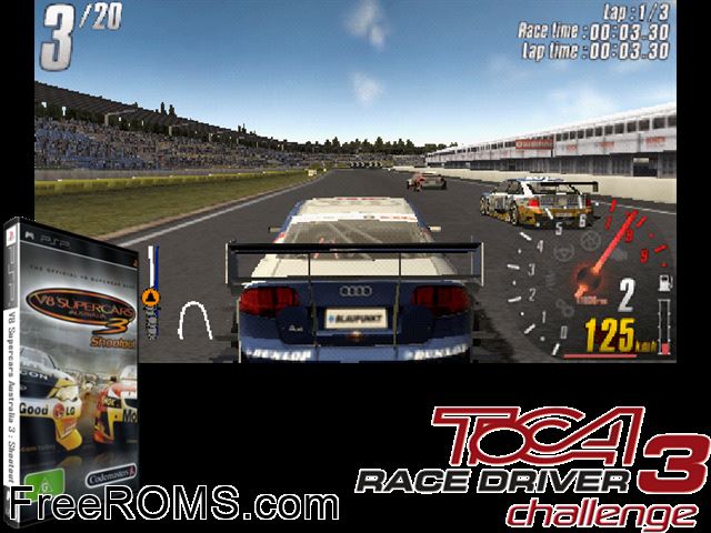 V8 Supercars Australia 3 - Shootout Australia (M5) PSP game showing 3D box cover and gameplay screenshot