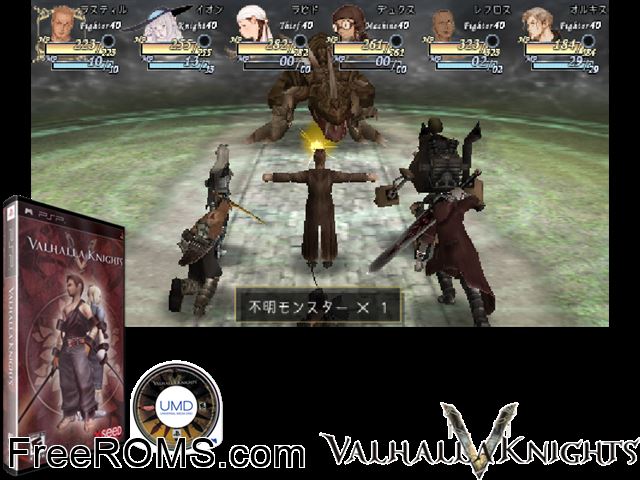 Valhalla Knights PSP game showing 3D box cover and gameplay screenshot