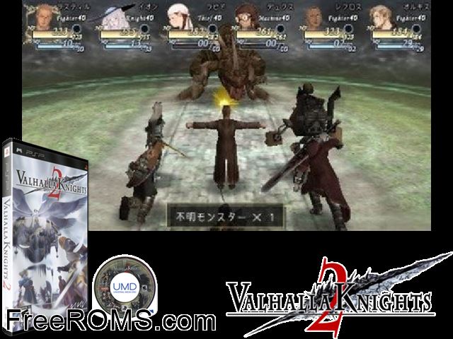 Valhalla Knights 2 PSP game showing 3D box cover and gameplay screenshot