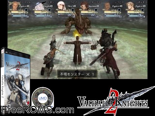 Valhalla Knights 2 Europe PSP game showing 3D box cover and gameplay screenshot