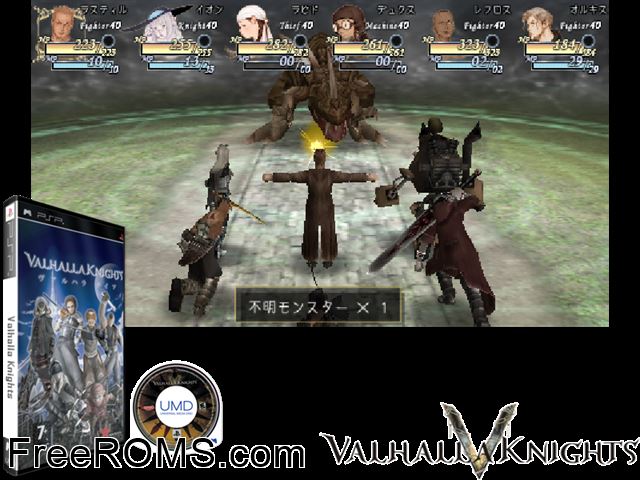 Valhalla Knights Europe (M5) PSP game showing 3D box cover and gameplay screenshot