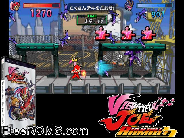 Viewtiful Joe - Red Hot Rumble PSP game showing 3D box cover and gameplay screenshot