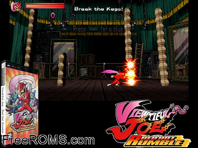 Viewtiful Joe - Red Hot Rumble Europe (M5) PSP game showing 3D box cover and gameplay screenshot