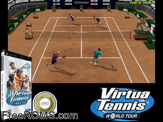Virtua Tennis - World Tour PSP game showing 3D box cover and gameplay screenshot