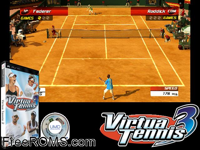 Virtua Tennis 3 (M6) PSP game showing 3D box cover and gameplay screenshot