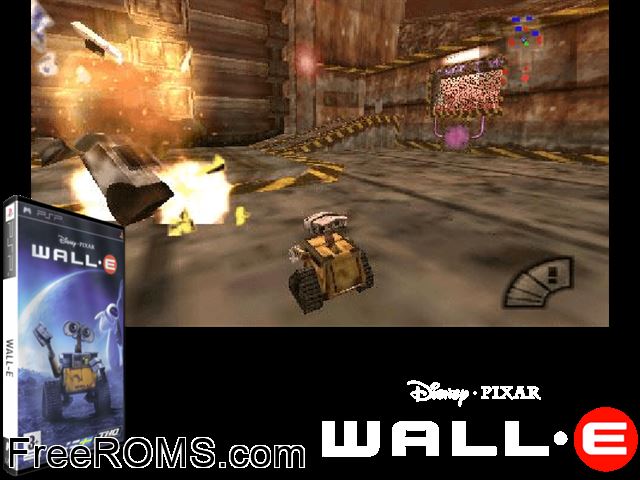WALL-E Europe PSP game showing 3D box cover and gameplay screenshot