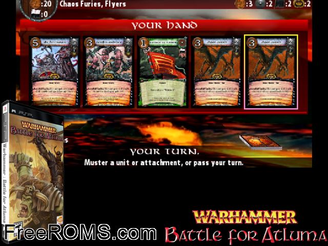 Warhammer - Battle for Atluma PSP game showing 3D box cover and gameplay screenshot
