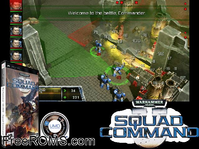 Warhammer 40,000 - Squad Command Europe (M5) PSP game showing 3D box cover and gameplay screenshot