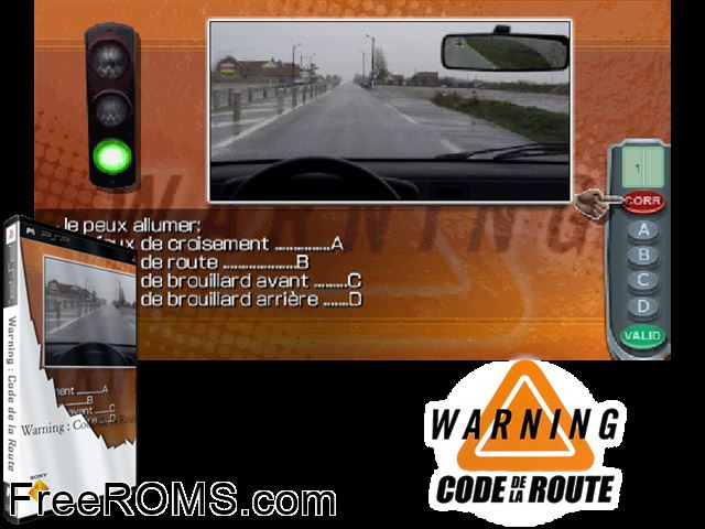Warning - Code de la Route France PSP game showing 3D box cover and gameplay screenshot