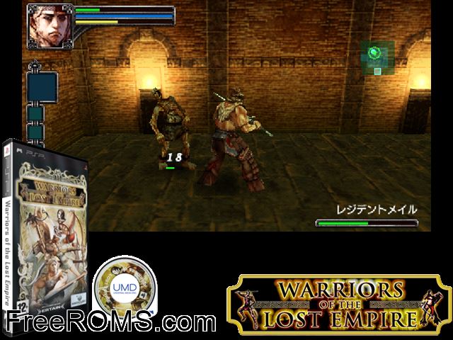 Warriors of the Lost Empire Europe (M5) PSP game showing 3D box cover and gameplay screenshot