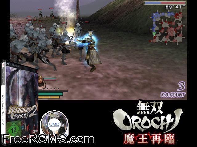 Warriors Orochi 2 Europe (M2) PSP game showing 3D box cover and gameplay screenshot