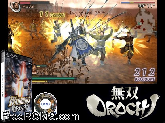 Warriors Orochi Europe PSP game showing 3D box cover and gameplay screenshot