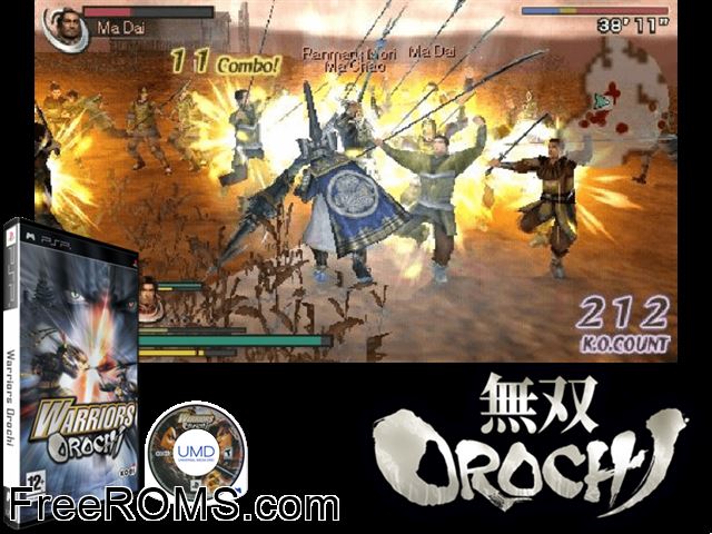 Warriors Orochi France PSP game showing 3D box cover and gameplay screenshot