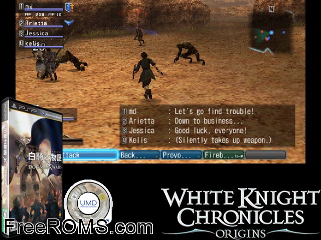 White Knight Chronicles - Origins (Europe) PSP game showing 3D box cover and gameplay screenshot