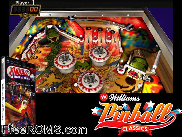 Williams Pinball Classics (v2) Europe (M4) PSP game showing 3D box cover and gameplay screenshot