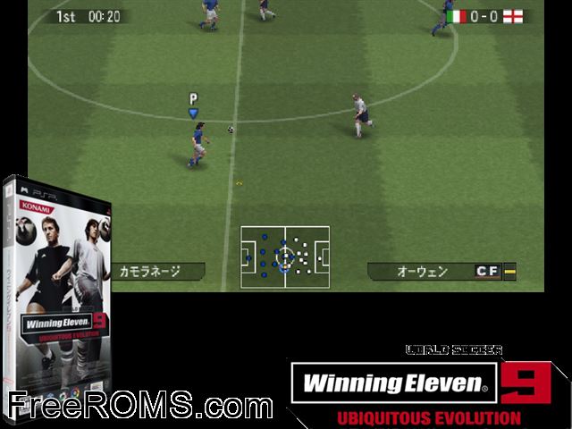 Winning Eleven 9 - Ubiquitous Evolution Japan PSP game showing 3D box cover and gameplay screenshot