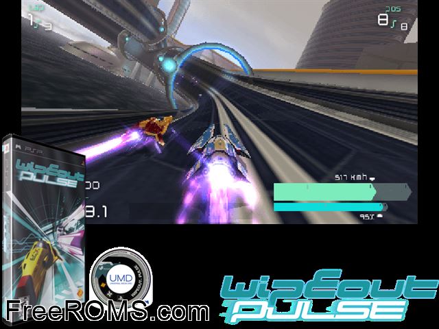 Wipeout Pulse Canada (M5) PSP game showing 3D box cover and gameplay screenshot