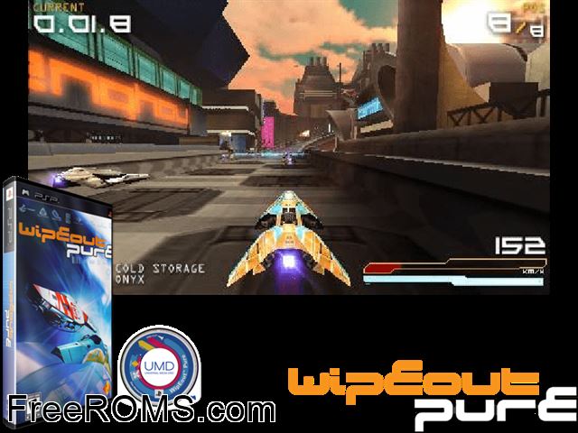 Wipeout Pure PSP game showing 3D box cover and gameplay screenshot