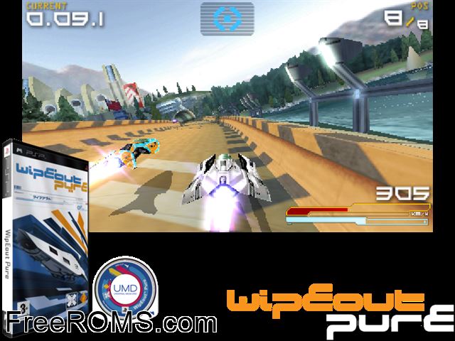 Wipeout Pure Europe (M5) PSP game showing 3D box cover and gameplay screenshot
