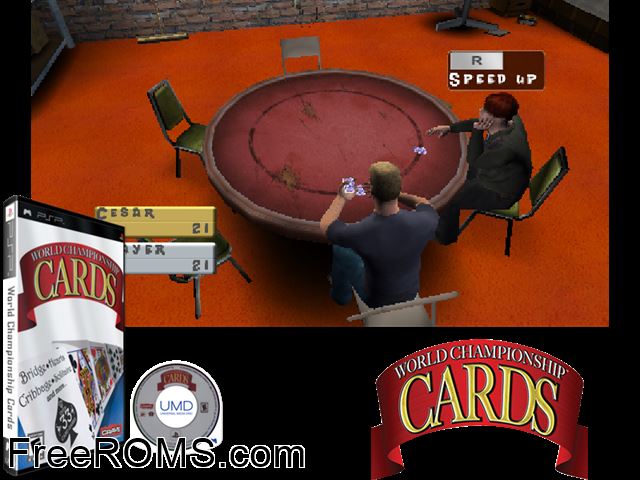 World Championship Cards PSP game showing 3D box cover and gameplay screenshot