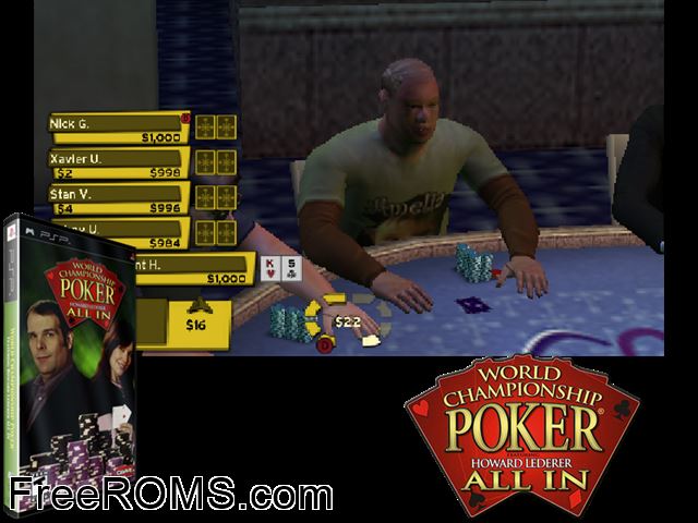 World Championship Poker - Featuring Howard Lederer - All In PSP game showing 3D box cover and gameplay screenshot