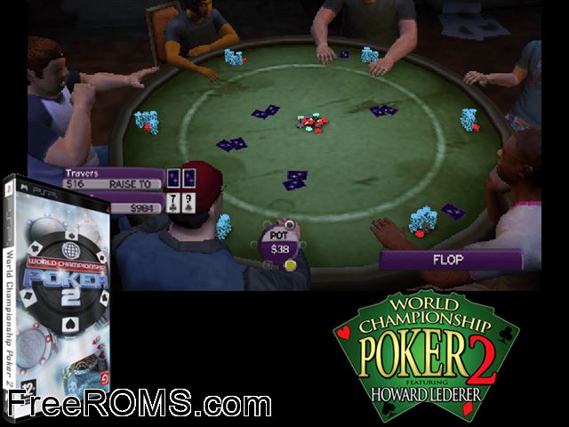 World Championship Poker 2 Europe (M5) PSP game showing 3D box cover and gameplay screenshot