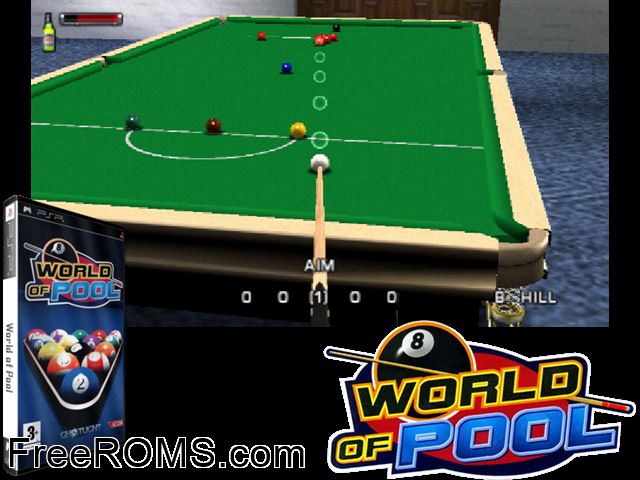 World of Pool Europe (M5) PSP game showing 3D box cover and gameplay screenshot