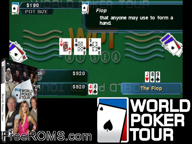 World Poker Tour PSP game showing 3D box cover and gameplay screenshot