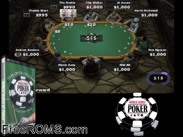 World Series of Poker PSP game showing 3D box cover and gameplay screenshot