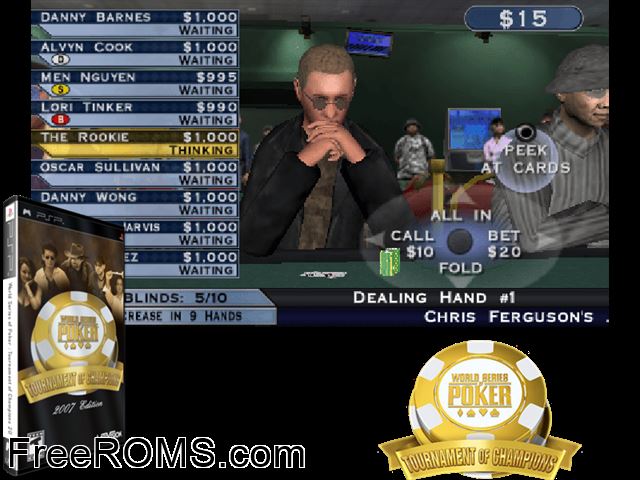 World Series of Poker - Tournament of Champions - 2007 Edition PSP game showing 3D box cover and gameplay screenshot