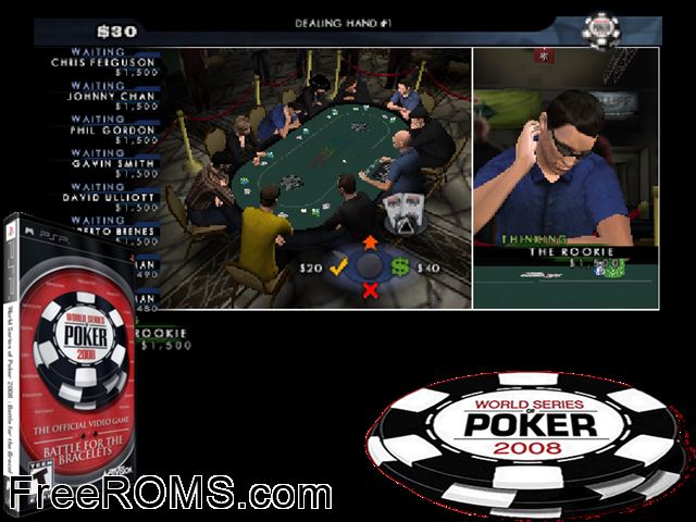 World Series of Poker 2008 - Battle for the Bracelets PSP game showing 3D box cover and gameplay screenshot