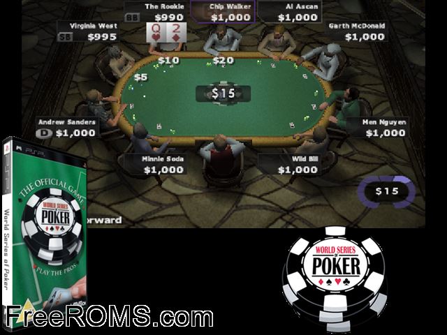 World Series of Poker Europe PSP game showing 3D box cover and gameplay screenshot