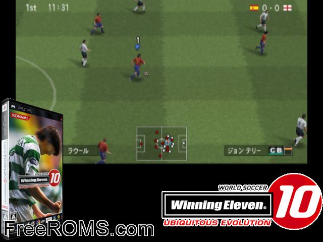 World Soccer Winning Eleven 10 - Ubiquitous Edition Japan PSP game showing 3D box cover and gameplay screenshot