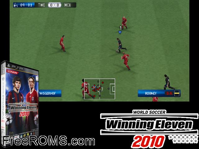 World Soccer Winning Eleven 2010 Japan PSP game showing 3D box cover and gameplay screenshot