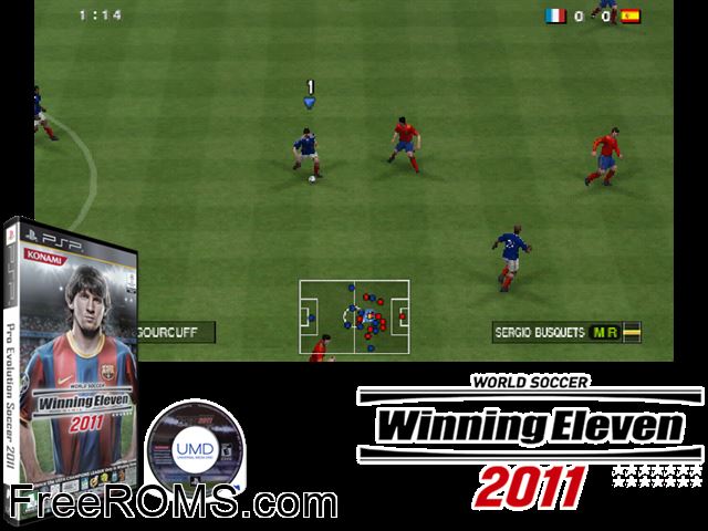 World Soccer Winning Eleven 2011 Korea PSP game showing 3D box cover and gameplay screenshot