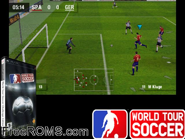 World Tour Soccer - Challenge Edition (v2) Europe (M5) PSP game showing 3D box cover and gameplay screenshot