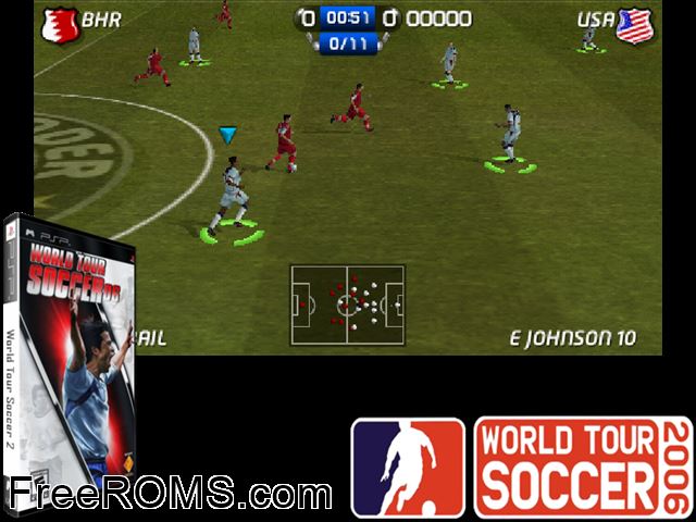 World Tour Soccer 06 PSP game showing 3D box cover and gameplay screenshot