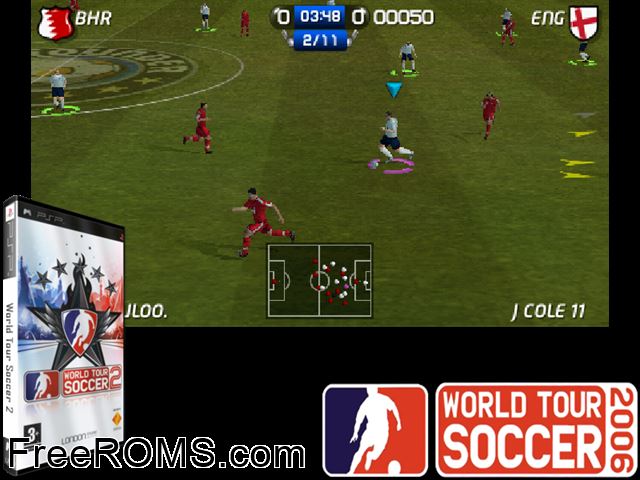World Tour Soccer 2 Europe (M5) PSP game showing 3D box cover and gameplay screenshot