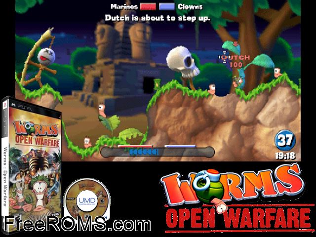 Worms - Open Warfare PSP game showing 3D box cover and gameplay screenshot