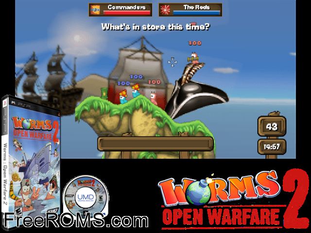 Worms - Open Warfare 2 PSP game showing 3D box cover and gameplay screenshot