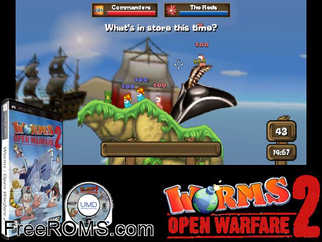 Worms - Open Warfare 2 Europe (M5) PSP game showing 3D box cover and gameplay screenshot
