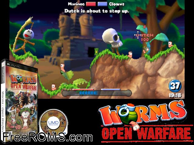 Worms - Open Warfare Europe PSP game showing 3D box cover and gameplay screenshot