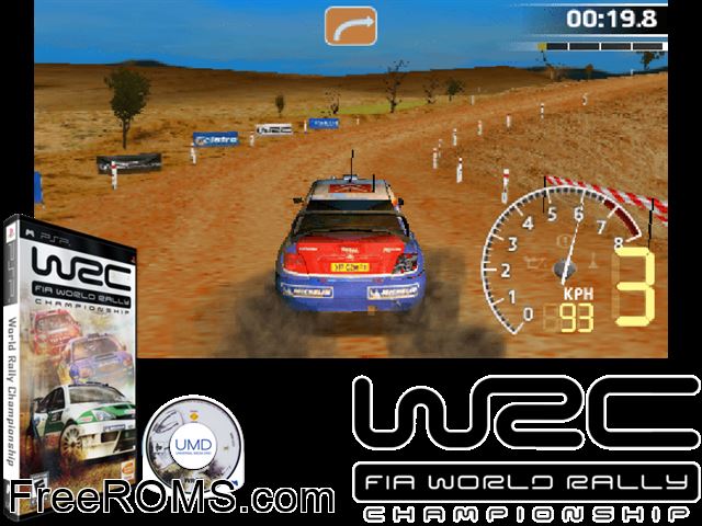 WRC - FIA World Rally Championship PSP game showing 3D box cover and gameplay screenshot