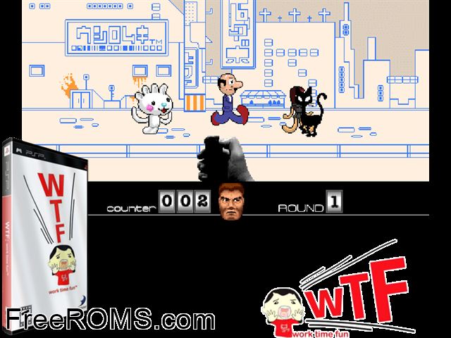 WTF - Work Time Fun PSP game showing 3D box cover and gameplay screenshot