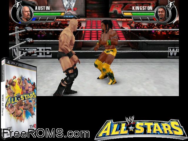 WWE All Stars PSP game showing 3D box cover and gameplay screenshot