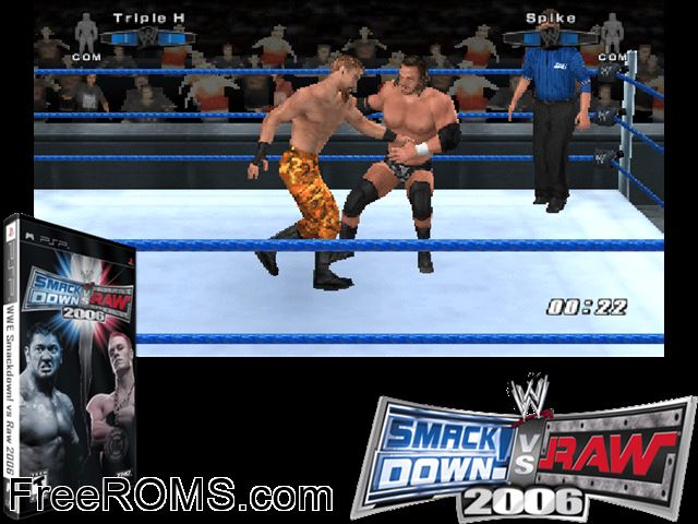 WWE SmackDown vs RAW 2006 PSP game showing 3D box cover and gameplay screenshot