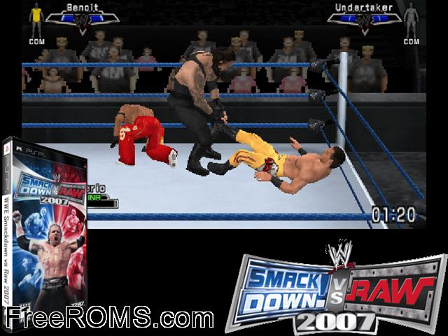 WWE SmackDown vs RAW 2007 PSP game showing 3D box cover and gameplay screenshot